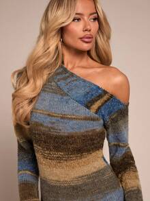 Glamine 女士休闲撞色不对称肩部喇叭袖针织连衣裙，秋冬款 - 彩色 - 查看 4