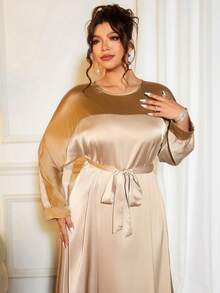 Cravure Plus Size Round Neck Long Sleeve Foil Patchwork Contrast Color Waist Tie Pullover Dress, Champagne, Autumn, Elegant, Casual Vacation Party Commute - Khaki - View 5