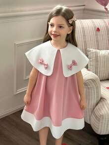 Elladie kids Young Girl Elegant Party Banquet White Collar Bow Design Loose A-Line Pink Dress - Multicolor - View 5