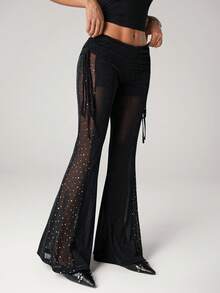 SHEIN ICON Women's Sexy New Years Club Party Black Bling Drawstring Waist Mesh Flare Leg Pants, Fashionable & Sexy Valentine's Day - Black - View 3