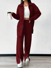 Mulvari Women Solid Color Zip-Up Jacket With Pockets And Pants Casual 2 Pieces Set 2 Pieces Set - Burgundy - View 5