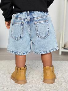 Bubblio 男婴都市街头复古做旧十字刺绣蓝色牛仔长款短裤，百慕大短裤，适合春夏日常穿着，也适合返校季、街头风、男童圣诞节、新年等场合。时尚系列，牛仔短裤，2岁男童牛仔短裤，休闲，印花牛仔，2000年代印花牛仔短裤，情人节、海滩、派对、女童印花短裤，度假 - 淺色水洗藍 - 查看 2