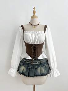 Elamini 女士春秋季休闲时尚街头风度假风方领荷叶袖系带修身衬衫 - 白色 - 查看 4