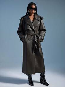 Aveloria GENKIRA Retro Style Notched Collar Double-Breasted Long Trench Coat - Army Green - View 4