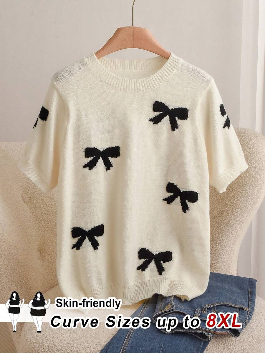 SHEIN CURVE+ 加大码/情人节/大码优雅蝴蝶结提花针织衫，春夏新品，情人节针织上衣/2026/新年休闲装和情人节服装 - 杏色 - 查看 1