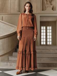 SHEIN Unity Women's Elegant Ruffled Maxi Dress, Brown Tiered Party & Vacation Outfit - Rust Brown - View 2