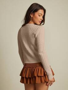 WESTFADE Mix Stitch Cable & Rib Knit Crew-Neck Button Front Cardigan Fall Autumn For Women Country Concert - Apricot - View 5