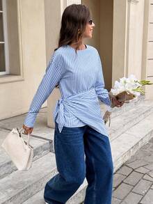 Serisse Women's Elegant Blue And White Stripe 2-Piece Set,Asymmetric Drop Shoulder Long Sleeve Shirt With Shawl,Autumn Office Commute Minimalist Blouse Top - Blue and White - View 4