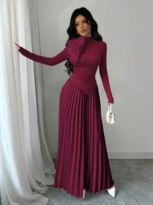 Elenzga Asymmetrical Pleated Colorblock 3D Flower Decor Elegant Women Dress Maxi Women Outfit - Burgundy - View 3