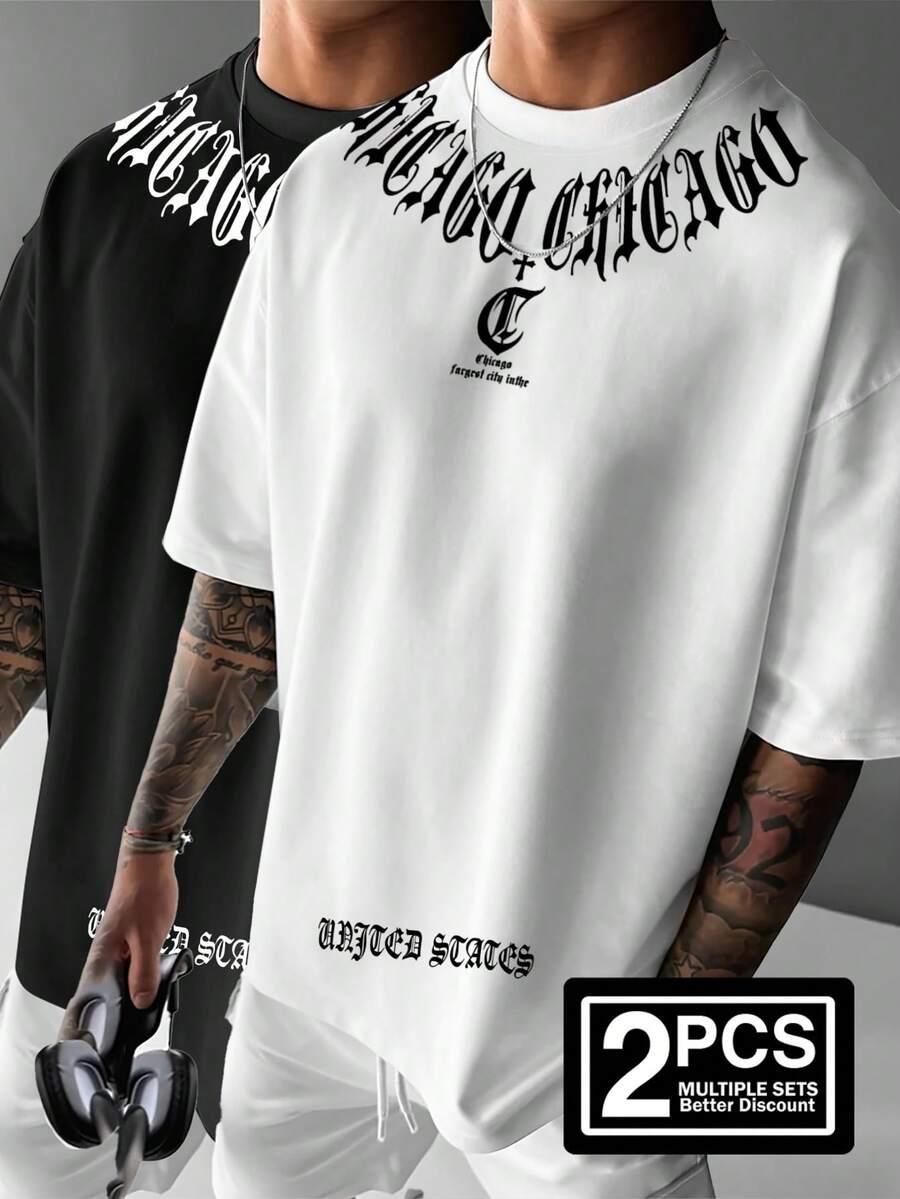 Manfinity EMRG 2pcs Chicago Gothic Style Graphic Loose Fit Men's Round Neck T-Shirts - Black - View 1