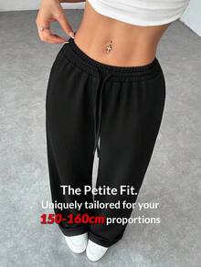 SHEIN PETITE 黑色舒适休闲纯色针织阔腿女运动裤 - 黑色 - 查看 9
