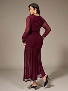 Auralis Damen Große Größen elegantes einfarbiges gerafftes figurbetontes transparentes Langkleid, geeignet für Herbst-Teegesellschaft, Valentinstag-Party, Konzerte, Dates