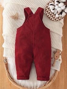 SHEIN Vintaside Kids 男童黑色灯芯绒背带裤，宽松工装风复古口袋连体裤，适合多个季节的男童休闲百搭裤