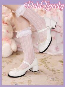 Dola Lovely Giày cao gót đế xuồng Mary Jane mũi tròn ren trắng phong cách Lolita dễ thương dành cho nữ, thích hợp cho Halloween, Giáng sinh, Lễ tạ ơn, Thu/Đông - trắng - Xem 4