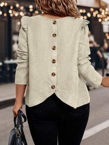 EMERY ROSE 大码女式常规荷叶边下摆长袖衬衫，秋冬款 - 杏色 - 查看 1