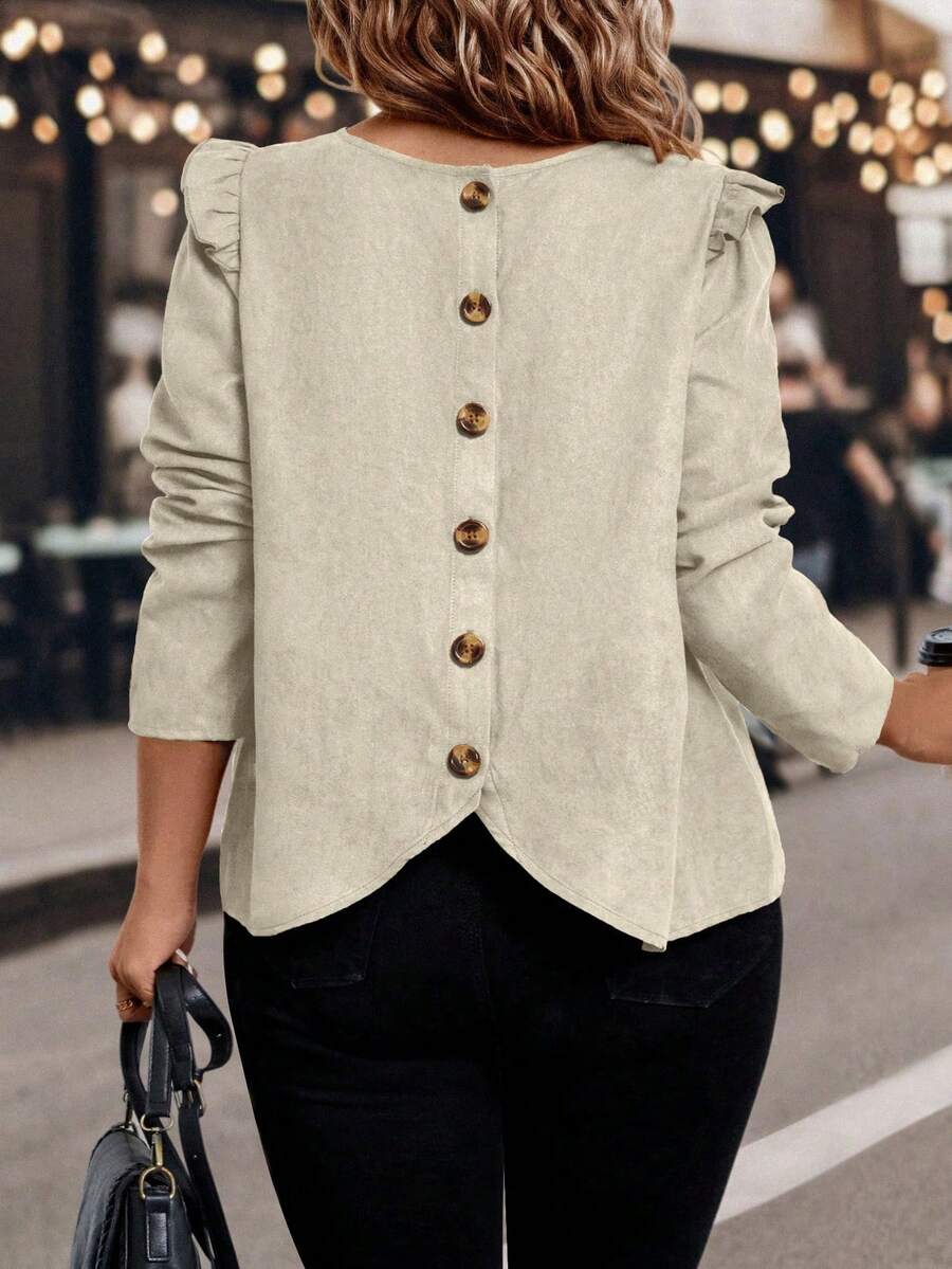 EMERY ROSE 大码女式常规荷叶边下摆长袖衬衫，秋冬款 - 杏色 - 查看 1