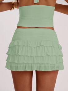 SHEIN BAE Women's Solid Color Multi-Layer Mesh Ruffle Design Casual Versatile Mini Skirt - Mint Green - View 2
