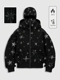 Street Life Men's Pentagram Rhinestone Stylish Kangaroo Pocket Zipper Hoodie Sweatshirt