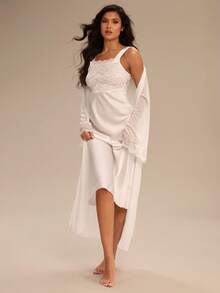 Enchnt Bộ đồ ngủ cưới lãng mạn 2 món dành cho nữ, mùa lễ hội ấm cúng và thanh lịch - trắng - Xem 6