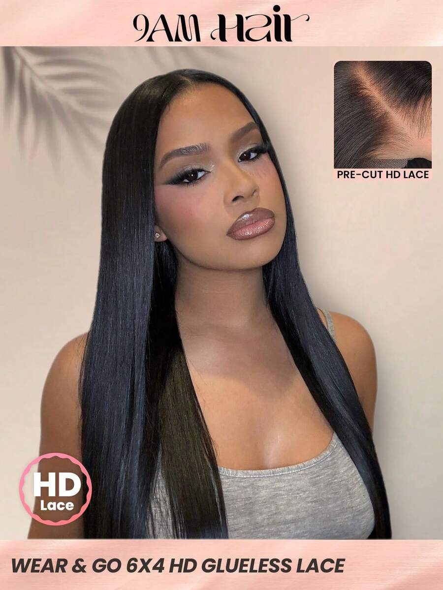 TrueHD Tóc giả không keo dán 9Am Hair Store, kiểu tóc thẳng, kích thước 6 x 4, dài 8-16 inch (kiểu tóc bob), 18-30 inch (dài toàn bộ), chất liệu ren 180%, màu tự nhiên, đường chân tóc đã được tỉa sẵn, mềm mượt, dễ sử dụng, phù hợp cho người mới bắt đầu. Tóc giả không keo dán, phụ kiện trang điểm Halloween dành cho nữ, quà tặng kèm miễn phí.