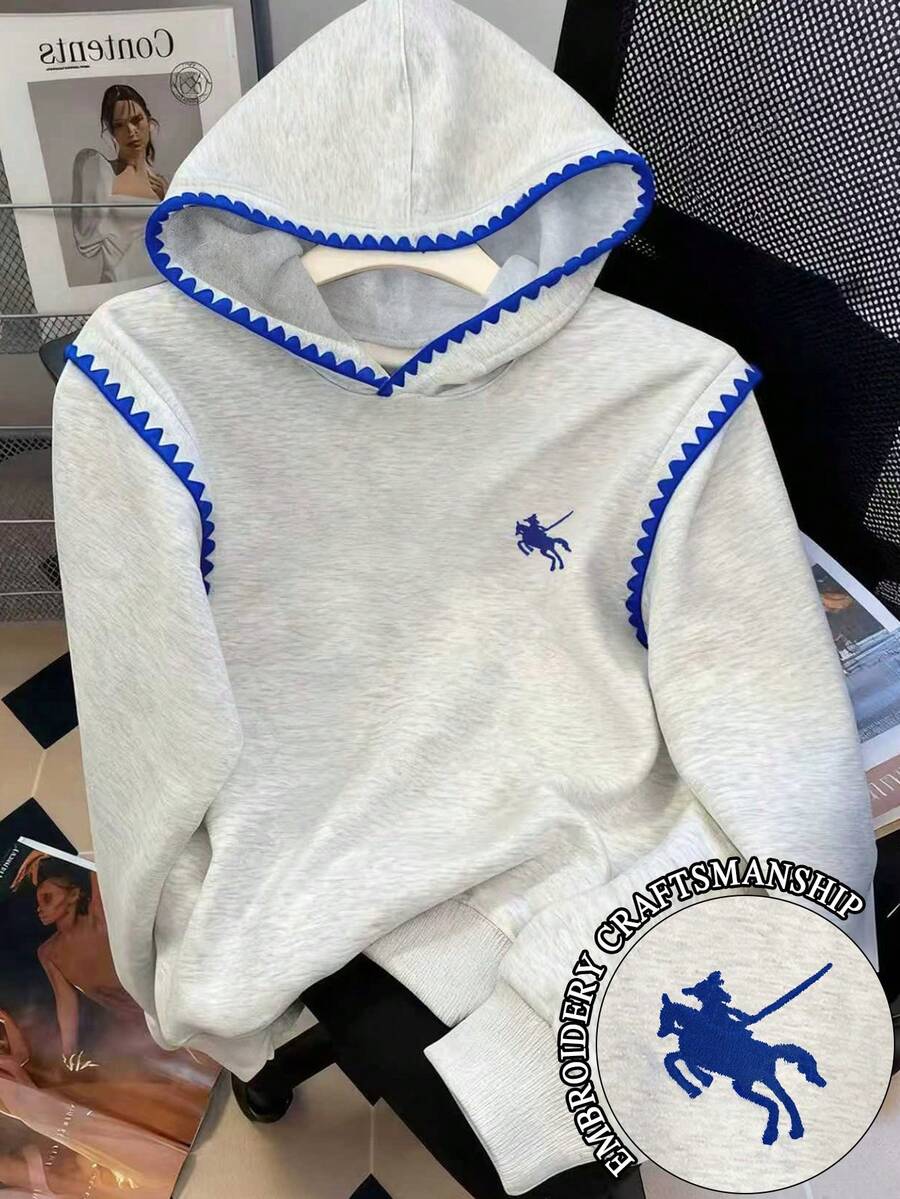 Resyla Contrast Color Trim Embroidered Hooded Casual Pullover Sweatshirt - Grey - View 1