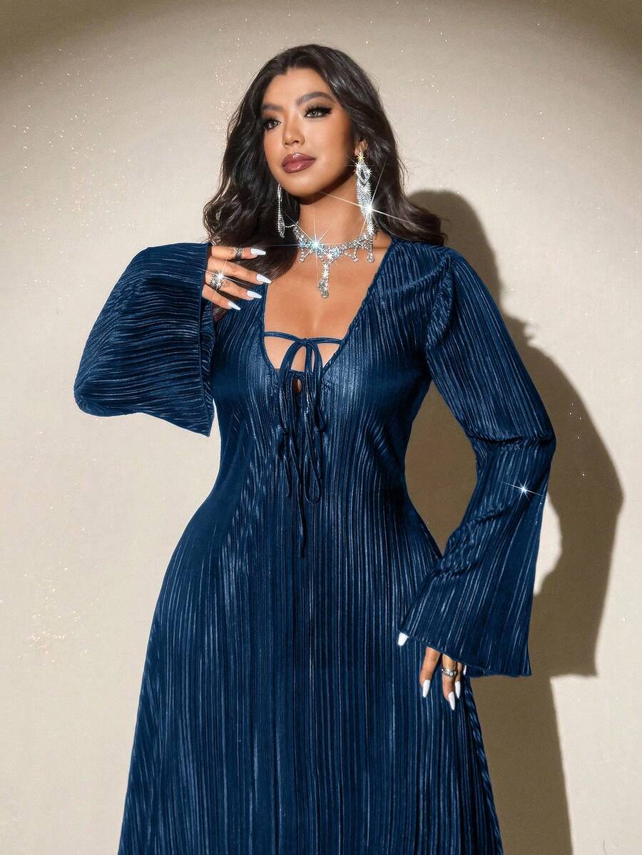 Viva Relle Valentine Plus Size Elegant Solid Color Twist Front Long Sleeve Dress, Suitable For Party - Teal Blue - View 1