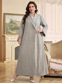 Al Najma 加大码女式纯色长袖开衩仿珍珠装饰休闲长袍 - 灰色 - 查看 6