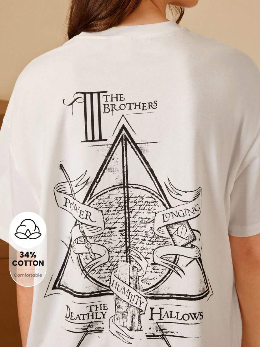 HARRY POTTER X SHEIN Loose-Fit White Casual T-Shirt With Death Holy Device Black And White Print, Super Loose T-Shirt - White - View 1