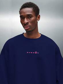 PLAYBOY X SUMWON Cropped Raw Edge Long Sleeve Sweatshirt With Large Bunny Logo Back Print And Front Text Detail - Navy Blue - View 3