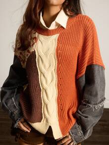 Easelle 复古拼接宽松圆领女式毛衣 - 彩色 - 查看 8