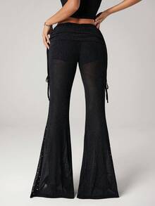 SHEIN ICON Women's Sexy New Years Club Party Black Bling Drawstring Waist Mesh Flare Leg Pants, Fashionable & Sexy Valentine's Day - Black - View 2