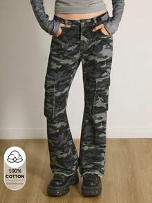 Y2Kool Vecteezy 女士迷彩喇叭裤、工装裤、紧身牛仔裤，适合秋冬季节、派对、万圣节等场合。女士迷彩工装裤，女士工装裤，时尚服装系列，新年穿搭，休闲裤，迷彩运动裤，辣妹风棉质印花牛仔裤。 - 深灰色 - 查看 2