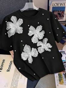 SHEIN Tall CURVE 大码女式夏季炮筒珠饰圆领短袖T恤 - 黑色 - 查看 1