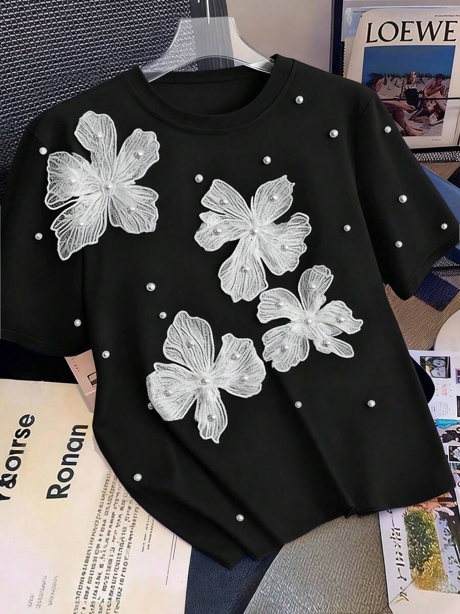 SHEIN Tall CURVE 大码女式夏季炮筒珠饰圆领短袖T恤 - 黑色 - 查看 1