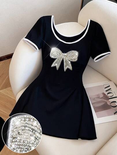 Resyla Vestido largo minimalista de manga corta con decoración de lazo, regalo para amiga