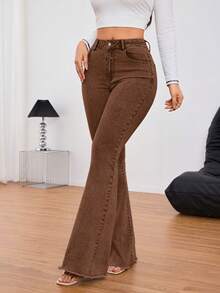 SHEIN Tall Women's Casual Washed High Waist Flare Jeans - Coffee Brown - View 7