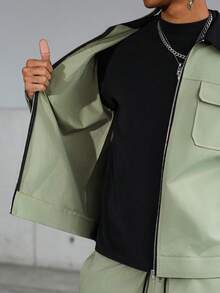 PAVTROS 男士休闲拉链夹克和阔腿裤套装 - 軍綠色 - 查看 8