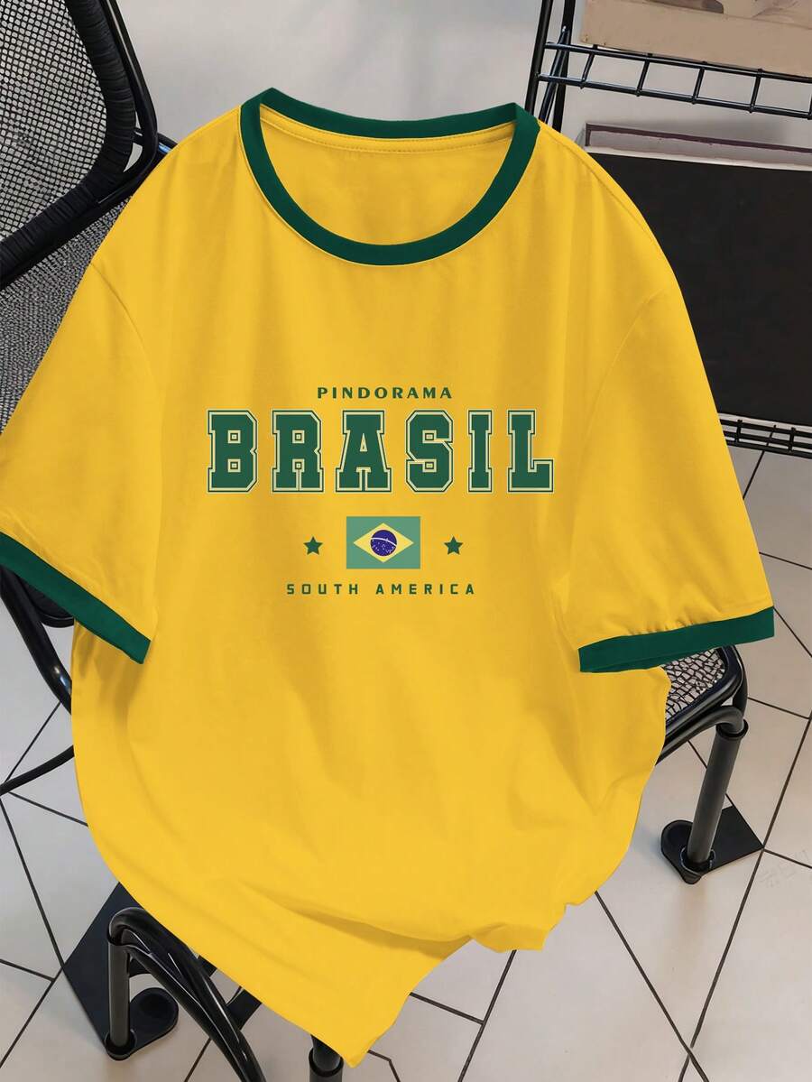 Manfinity Campus Court Men's Patchwork T-Shirt Manfinity Hypemode, Green & Yellow Brazil Football Sports & Letter Print Pattern, Contrast Color Short Sleeve For Men - Multicolor - View 1