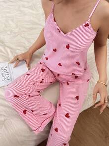 Dream Adore Cute Women's Pink Striped Two Piece Pajama Set With Heart Pattern Spaghetti Strap Camisole And Long Pants - Pink - View 6