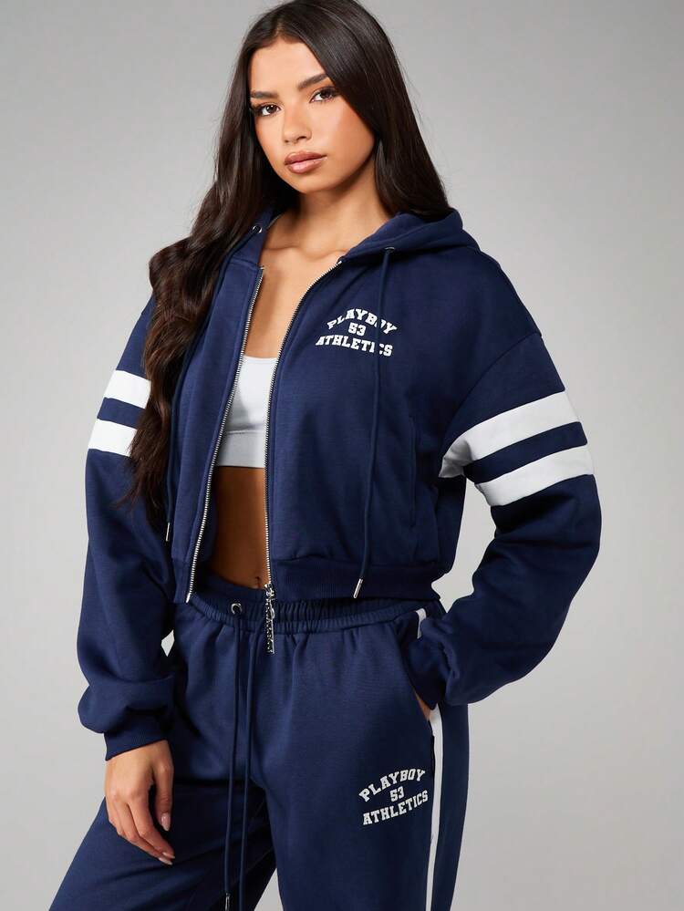 Missguided x Playboy Athletics Navy Full-Zip Hooded Sweatshirt With White Varsity Stripes For Casual Winter Wear