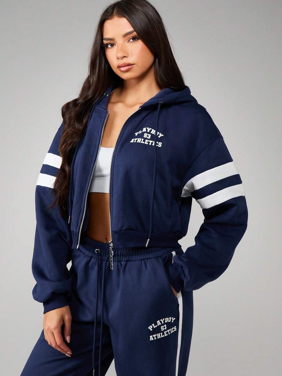 Missguided x Playboy Sudadera con capucha con cremallera completa en azul marino con rayas universitarias blancas para uso casual en invierno - Azul Marino - Ver 1