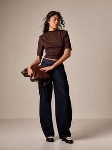 Shoulder Pad High Neck Ruched Short Sleeve T-Shirt With Draped Slinky Fabric And Cropped Fit - Coffee Brown - View 5