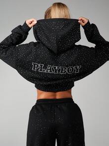 Missguided x Playboy 这款镶钻超大款短款拉链连帽衫，背面饰有刺绣Logo，是休闲街头风和冬季叠穿的完美之选。 - 黑色 - 查看 1