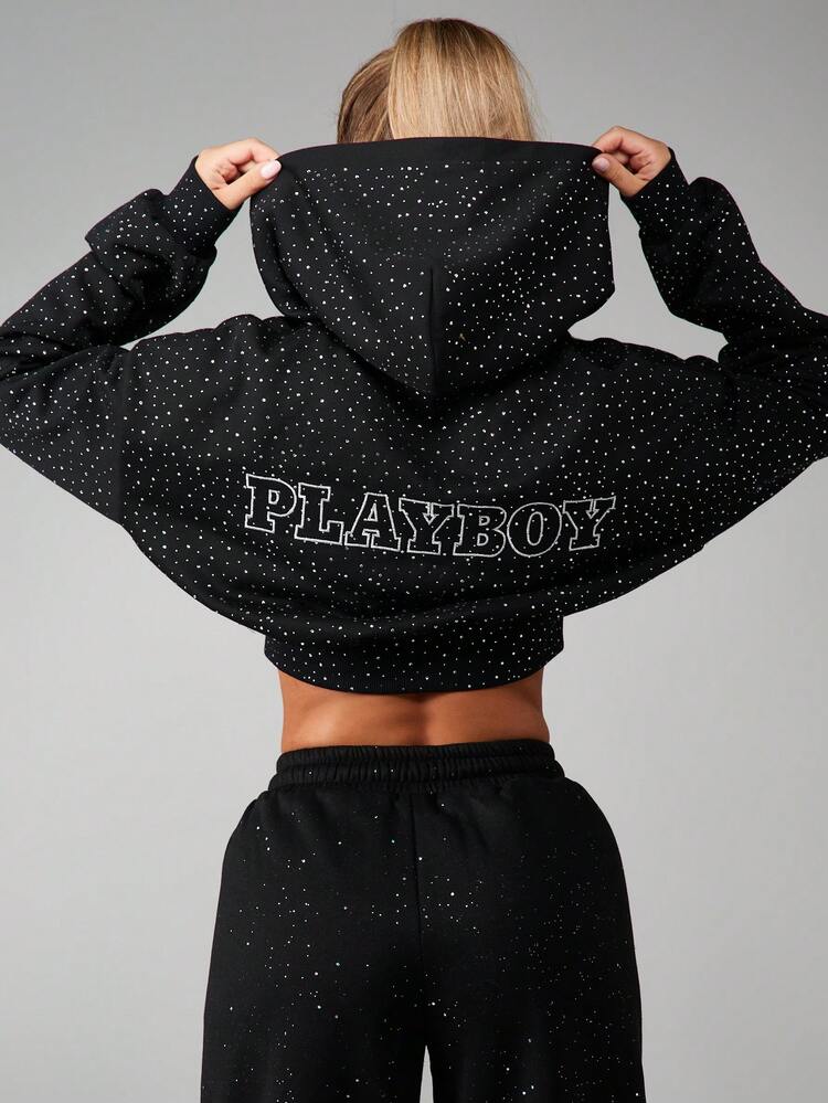 Missguided x Playboy Rhinestone Studded Oversized Crop Zip Hoodie With Embroidered Back Logo Perfect For Casual Streetwear And Winter Layering
