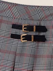 Muvela 女士百褶格纹中长裙，精致双扣设计，英伦风情，复古学院风，秋冬季必备单品，适合办公室、通勤、休闲、旅行、下午茶等场合。 - 彩色 - 查看 2