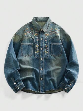 Veste en jean élégante pour hommes, brodée et lavée bleu