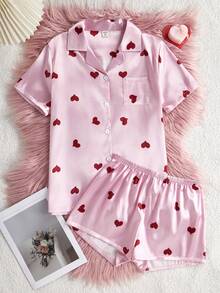 Teenage Girls' Cute Heart Print Short Sleeve Shorts Cardigan Pajama Set