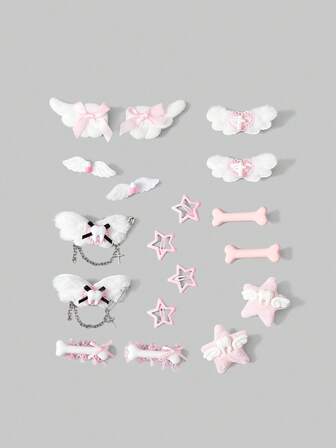 Kawaii 12 pezzi Fermagli per capelli a forma di ali e stelle, stile casuale, accessori per capelli per San Valentino, mollette per capelli, pinze per capelli, barrette per capelli