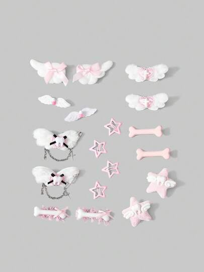 Kawaii 12 piezas Pasadores de pelo con diseños aleatorios de alas, huesos y estrellas - Pasadores de pelo, pinzas para el cabello, broches para el cabello para el Día de San Valentín