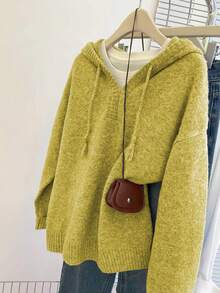 SHEIN Franclia Casual Loose Fit Hooded Long Sleeve Basic Gray Knit Pullover Sweater For Women, Autumn/Winter - Gold - View 4